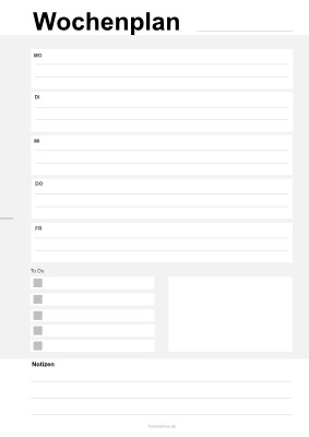 Organisieren, Planen: Wochenplan mit To-Do, Liste (Montag bis Freitag). PDF Datei