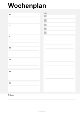 Organisieren, Planen: Wochenplan, To-Do, Notizen (Montag bis Sonntag). PDF Datei