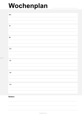 Formular, Vordruck: Wochenplanung Montag bis Sonntag im Hochformat. Wochenplan, Notizen (Montag bis Sonntag) 2 als PDF Datei
