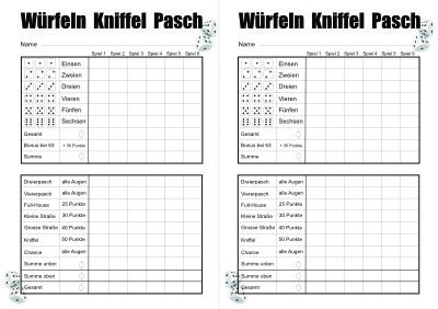 Würfelblatt, Pasch, Yahtzee, Yatzy (PDF) | Pdf-Vorlage zum Ausdrucken