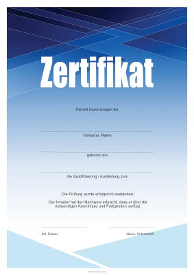 Diplome, Zertifikate: Zertifikat, modern in Blau und Weiß. PDF Datei
