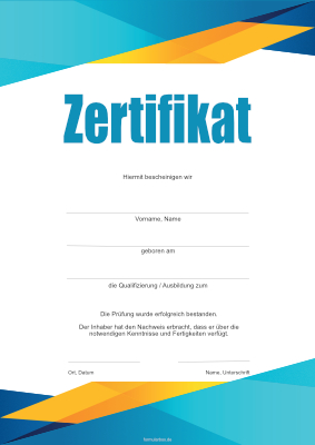Diplome, Zertifikate: Zertifikat, modern in Blau und Gelb. PDF Datei