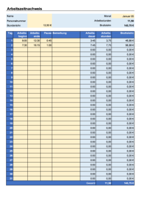 Excel-Tabelle Bruttolohn berechnen. Arbeitszeitnachweis zur Berechnung des Monats-Bruttolohnes anhand der täglichen Stunden. Arbeitszeitnachweis mit Berechnung des Bruttolohnes (Excel) als XLS Datei