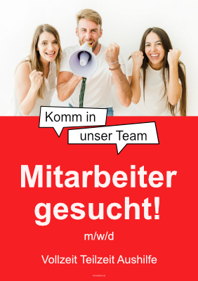 Personal, Bewerber: Plakat Mitarbeiter, Teilzeit, Aushilfe gesucht (Foto). PDF Datei