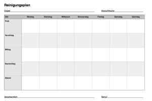 Organisieren, Planen: Reinigungsplan Mo.-So. mit Tageszeiten (Word). DOC Datei