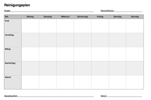 Organisieren, Planen: Reinigungsplan Mo.-So. mit Tageszeiten (PDF). PDF Datei