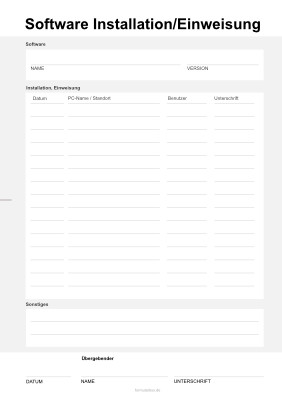 Software-Installation Protokoll mit Einweisung Formular, Vordruck: Protokoll für Software-Installation mit Einweisung in den Nutzer. Vorlage im DIN-A4 Hochformat zum Ausdrucken.