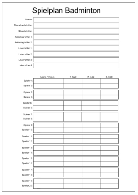 Spielplan Badminton Formular, Vordruck: Spielplan für ein Badminton Turnier. Druckbares Pdf-Formular im A4-Hochformat.