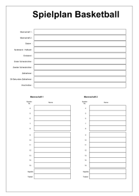 Spielplan Basketball Formular, Vordruck: Spielplan für ein Basketball Turnier. Druckbares Pdf-Formular im A4-Hochformat.