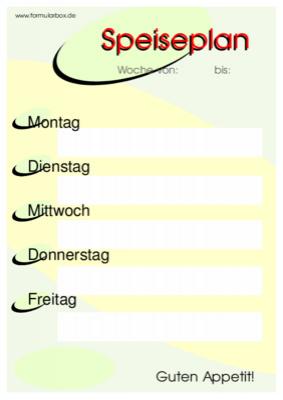 Speiseplan, Montag bis Freitag | Pdf-Vorlage zum Ausdrucken