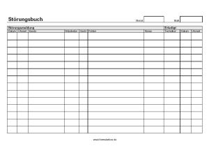 Störungsbuch Bürotechnik Formular, Vordruck: Störungsbuch mit Störungsmeldung und Störungsbeseitigung im Querformat.