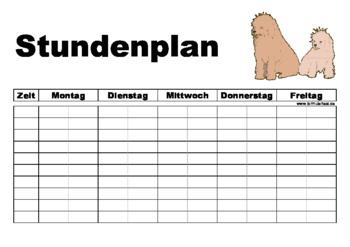 Stundenplan mit zwei Hunden Formular, Vordruck Stundenplan. Vorlage für die Schule mit zwei Hunden im Querformat.