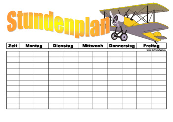 Stundenplan mit Flugzeug - Stundenplan Vorlage für die Schule mit Flugzeug Motiv im Querformat.