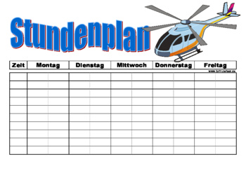 Stundenplan mit Helikopter - Stundenplan Vorlage für die Schule mit Helikopter Motiv im Querformat.