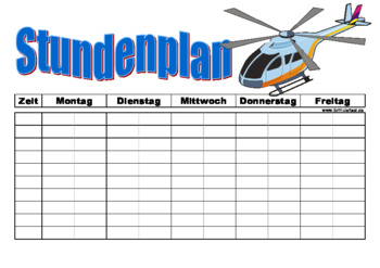 Stundenplan mit Helikopter Formular, Vordruck Stundenplan. Vorlage für die Schule mit Helikopter Motiv im Querformat.