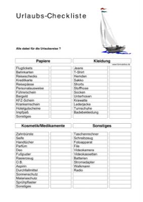 Sonstiges: Urlaubscheckliste. PDF Datei