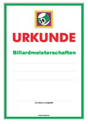 Urkunde Billard, Billardmeisterschaften - Blanko Billard-Urkunde für Billardmeisterschaften mit Billard Kugel.