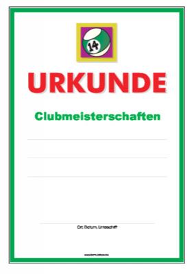 Urkunde Billard, Clubmeisterschaften 1 - Blanko Billard-Urkunde für Clubmeisterschaften mit Billard Kugel.