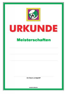 Urkunde Billard, Meisterschaften 1 Blanko Billard Urkunde für Meisterschaften mit Billard Kugel.