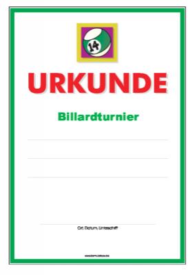 Blanko Billard-Urkunde für ein Billardturnier mit Billard Kugel. Urkunden Sportarten: Urkunde Billard, Turnier 1. PDF Datei