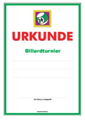 Urkunde Billard, Turnier 1 - Blanko Billard-Urkunde für ein Billardturnier mit Billard Kugel.