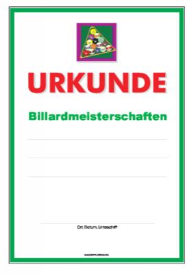 Urkunde Billard, Billardmeisterschaften 3 Blanko Billard-Urkunde für Billardmeisterschaften mit Triangel.