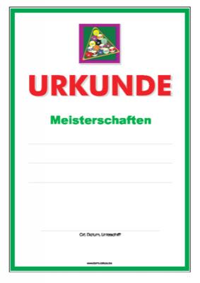 Urkunde Billard, Meisterschaften 3 Blanko Billardurkunde für Meisterschaften mit Triangel. Druckbare grüne Urkunde im A4-Hochformat.