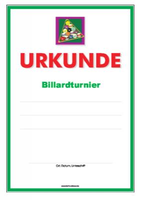 Urkunde Billard, Turnier 3 Blanko Billardurkunde für ein Billardturnier mit Triangel. Druckbare grüne Urkunde im A4-Hochformat.