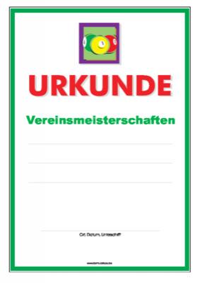 Urkunde Billard, Vereinsmeisterschaften 2 Blanko Billardurkunde für Vereinsmeisterschaften mit Billard Kugeln.
