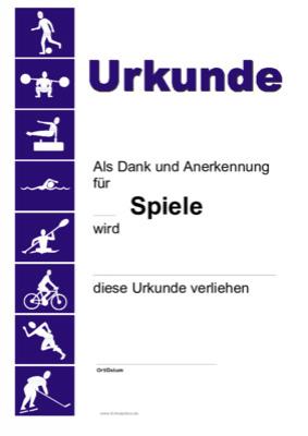 Urkunde Anerkennung, Spiele - Sporturkunde, Urkunde als Anerkennung für ... Spiele.