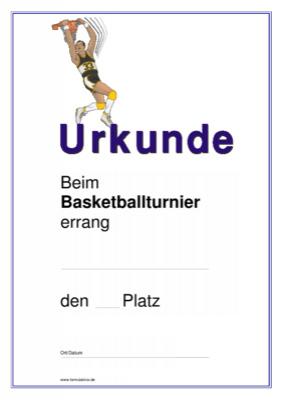 Basketball-Urkunde, Siegerurkunde für ein Basketballturnier. Urkunden Sportarten: Urkunde Basketball, Basketballturnier. PDF Datei