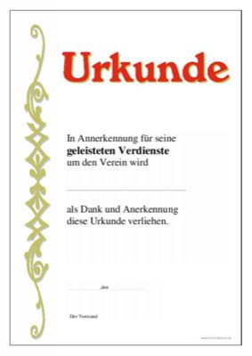 Urkunde für geleistete Verdienste - Ehrenurkunde: In Annerkennung für seine geleisteten Verdienste um den Verein.