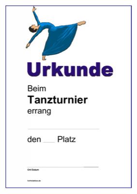 Urkunde Tanzturnier, einzel - Siegerurkunde, Urkunde für ein Tanzturnier (Dame).