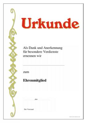 Ehrenurkunde zur Ernennung zum Ehrenmitglied mit Texteindruck. Urkunde Ehrenmitglied als PDF Datei