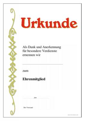 Urkunde Ehrenmitglied - Ehrenurkunde zur Ernennung zum Ehrenmitglied mit Texteindruck.