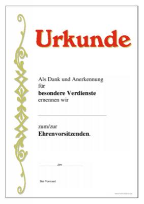 Urkunde Ehrenvorsitzende - Ehrenurkunde zur Ernennung zum Ehrenvorsitzenden mit Texteindruck.