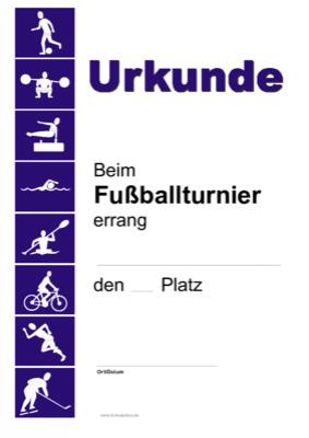 Urkunde Fußballturnier mit Sportsymbolen - Fußball-Urkunde, Siegerurkunde für ein Fußballturnier mit mehreren Sportsymbolen.