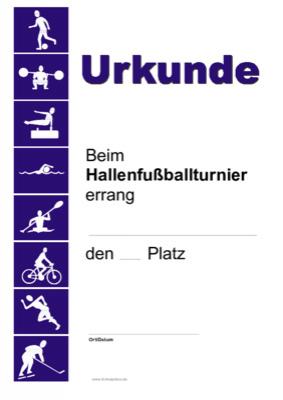Fußball-Urkunde, Siegerurkunde für ein Hallenfußballturnier.