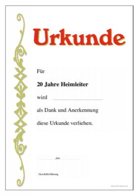 Urkunde für langjährige Mitabeiter, Heimleiter Ehrenurkunde für 20 Jahre Heimleiter mit Texteindruck. Druckbare Urkunde mit Kordel im A4-Hochformat.