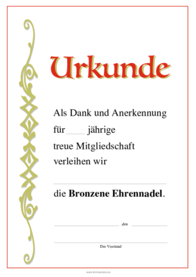 Urkunden Ehrung: Urkunde Ehrennadel, Bronze. PDF Datei