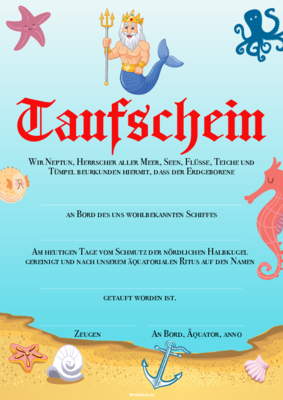 Urkunden Ehrung: Urkunde Taufschein mit Text, Blau, Gold. PDF Datei