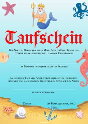 Taufschein, Urkunde, Taufurkunde Neptunfest in Blau und Gold mit Texteindruck.