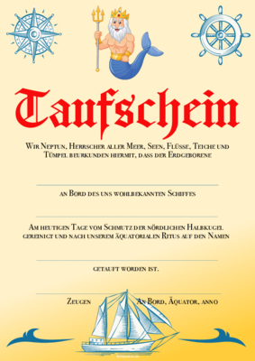 Urkunde Taufschein mit Text, Gold Taufschein, Urkunde, Taufurkunde Neptunfest in Gold mit Texteindruck.