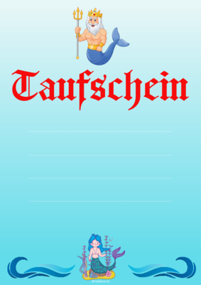 Urkunde Taufschein Blanko, Blau I Blanko Taufschein, Taufurkunde, Neptunfest Urkunde Neptun in Blau.