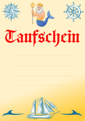 Blanko Urkunde, Taufschein, Taufurkunde Neptunfest in Gold. Druckbare goldene Urkunde im A4-Hochformat.