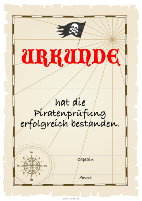 Urkunden Kinder: Urkunde Piraten, Karte, Text. PDF Datei