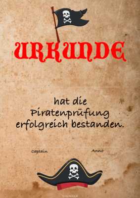 Urkunde Piraten, Piratenfest, altes Papier mit Texteindruck. Urkundenvorlage im DIN-A4 Hochformat.
