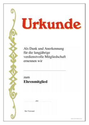 Urkunden Ehrung: Urkunde Ehrenmitglied, Mitgliedschaft. PDF Datei