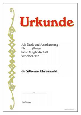 Urkunde Silberne Ehrennadel - Ehrenurkunde zur Verleihung der silbernen Ehrennadel mit Texteindruck.