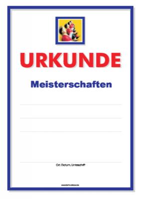 Kicker-Urkunde für Tischfussball Meisterschaften. Druckbare blaue Urkunde im A4-Hochformat.